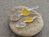 Yellow Chalcedony 12mm and Grey Chalcedony 15mm Round Gemstone Drop Earrings, 925 Sterling Silver Earrings, Hook Earrings, Dangle Earrings